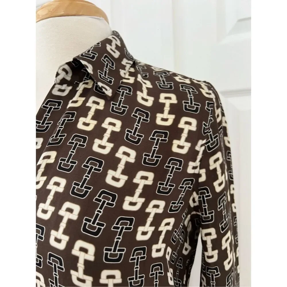 L'Agence Nina Horsebit Brown Ivory Buckle Print Button-Up Silk Blouse Size XS - Picture 3 of 9